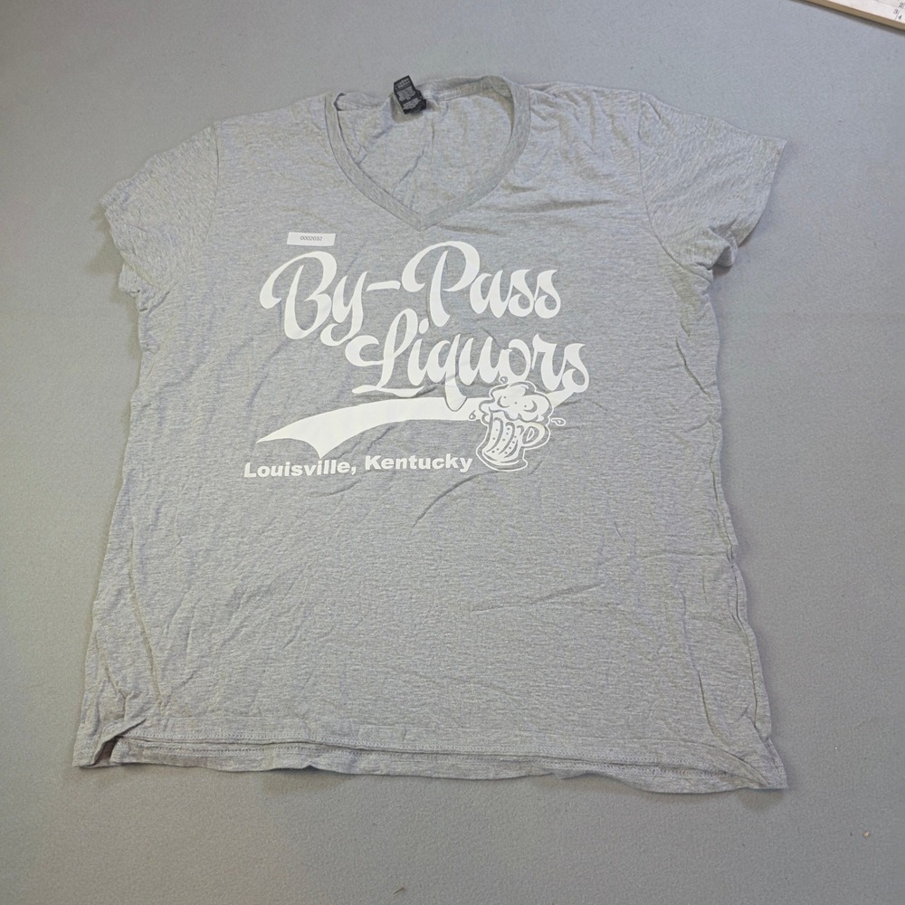 Anvil By-Pass Liquors Louisville KY V-Neck T-Shirt Gray Distressed L